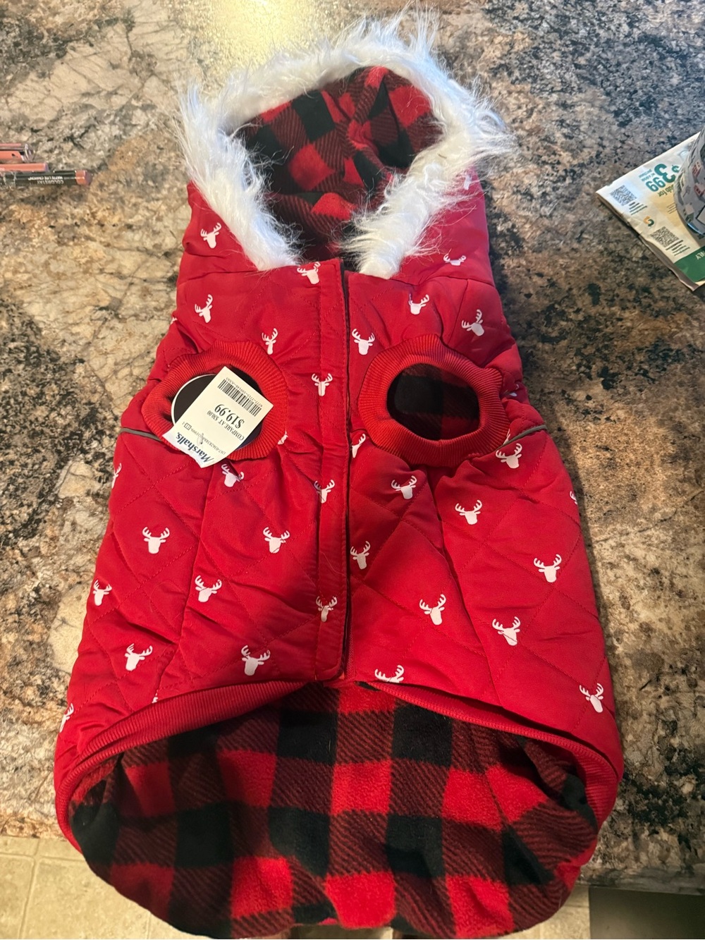 Red Quilted Dog Coat with Faux Fur Hood and Buffalo Plaid Lining